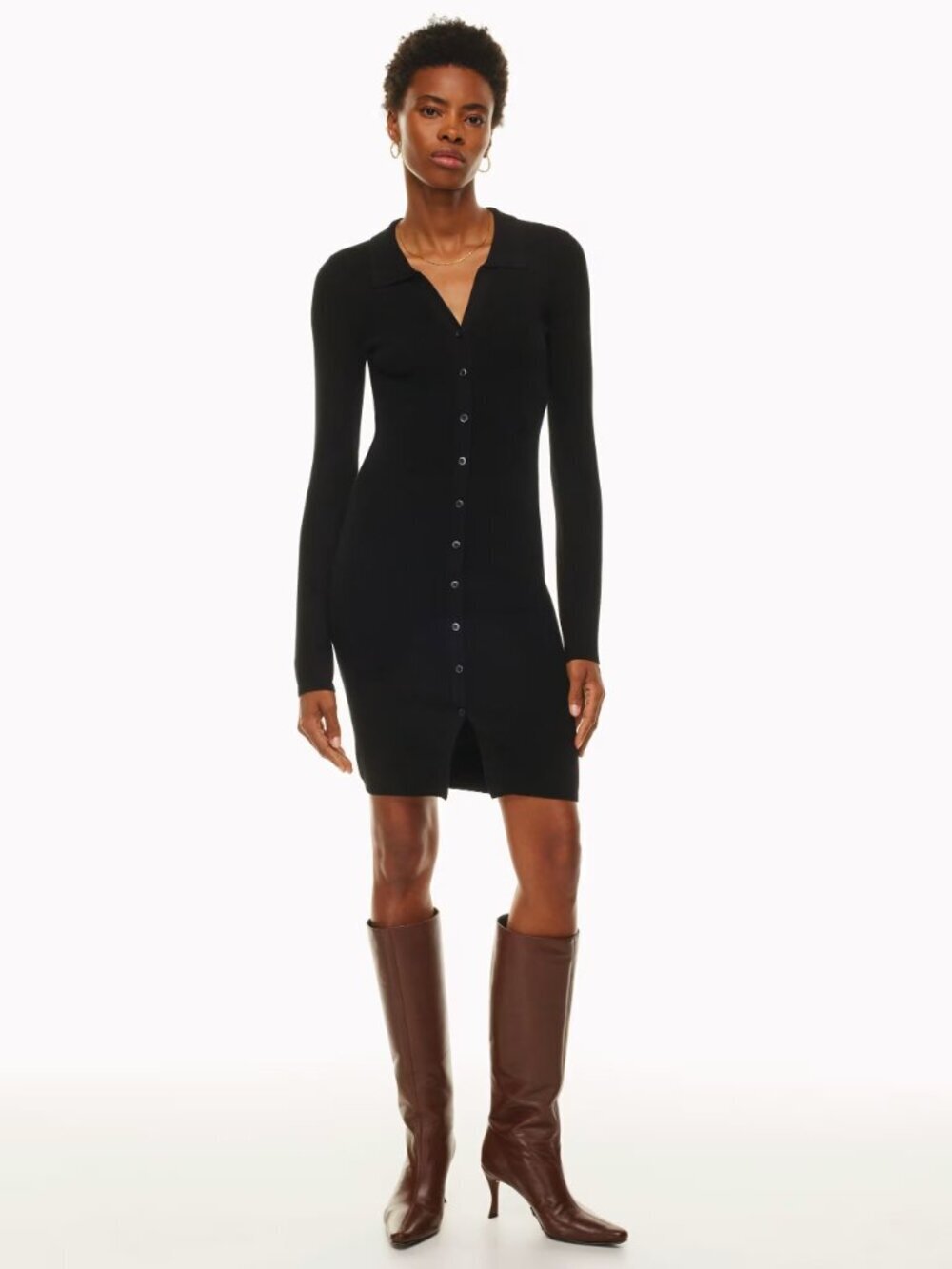 Aritzia WILFRED Cove Black Ribbed Knit V-Neck Long Sleeve Sweater Dress, Size XS - Picture 12 of 16